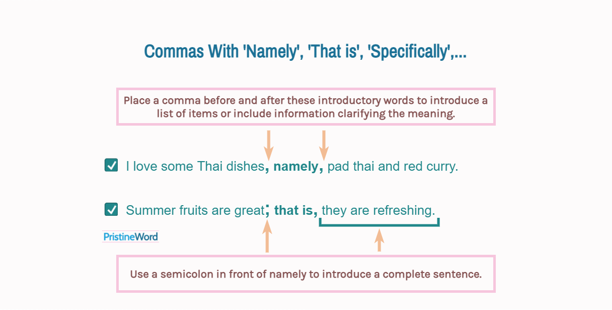 Commas with 'Namely', 'That is', or 'Specifically'